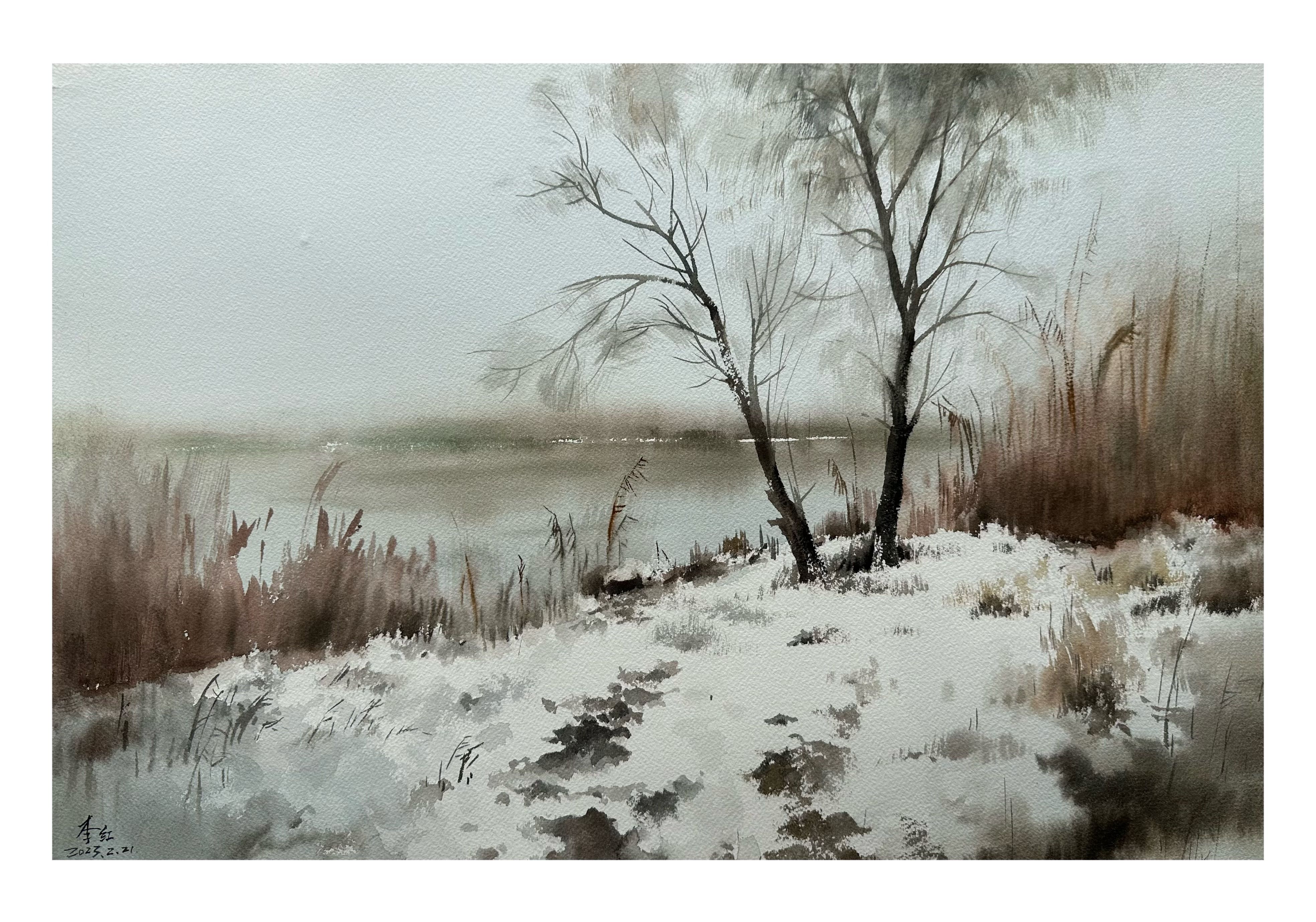 《《寒岸初雪》》，李红作品