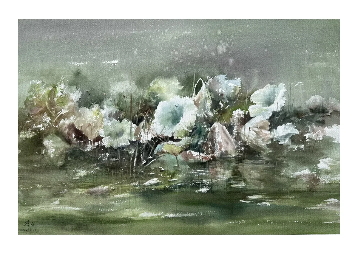 《秋荷听雨》，李红作品