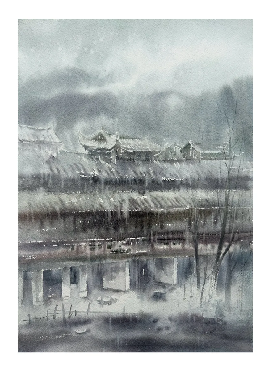 《烟雨古廊》，李红作品
